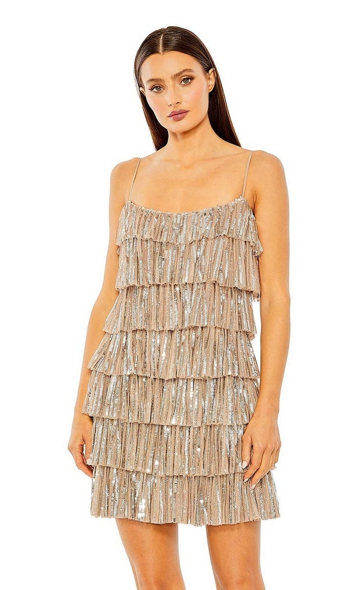A woman in the Mac Duggal 23001 short ruffled semi-formal dress with metallic sequins, spaghetti straps, and a straight neckline stands against a plain background.